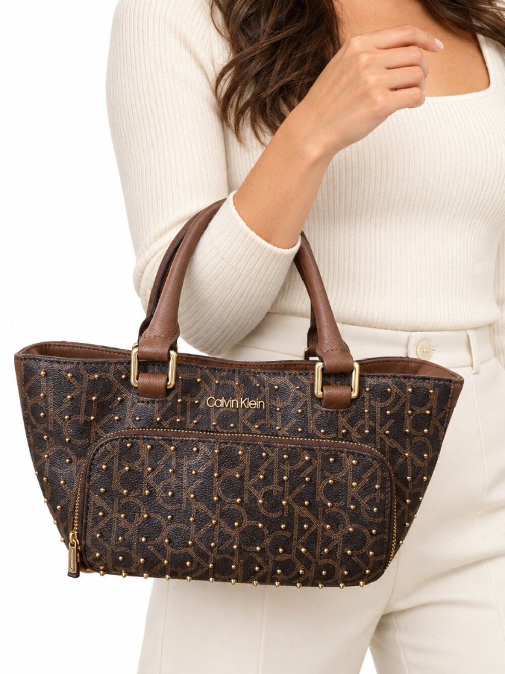 Calvin Klein Brown Monogram Studded Tote Satchel Gold Hardware